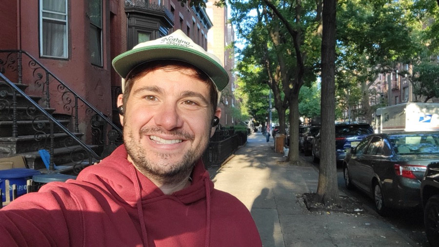 Jack Maguire on a brownstone-lined street in the East Village, NYC