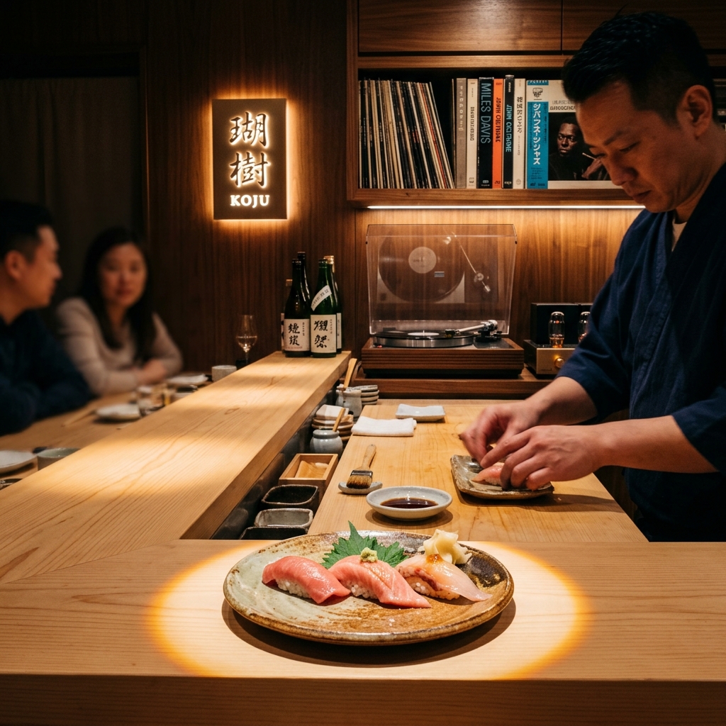 Intimate cypress wood omakase counter at Koju with vintage turntable setup