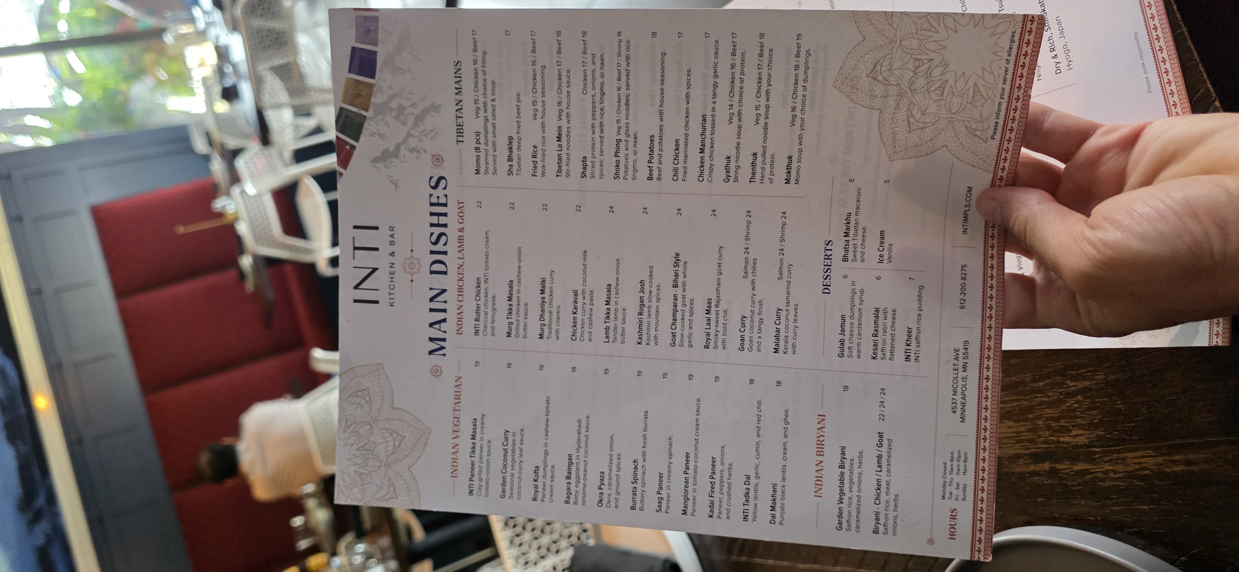 INTI Kitchen & Bar main-dishes menu