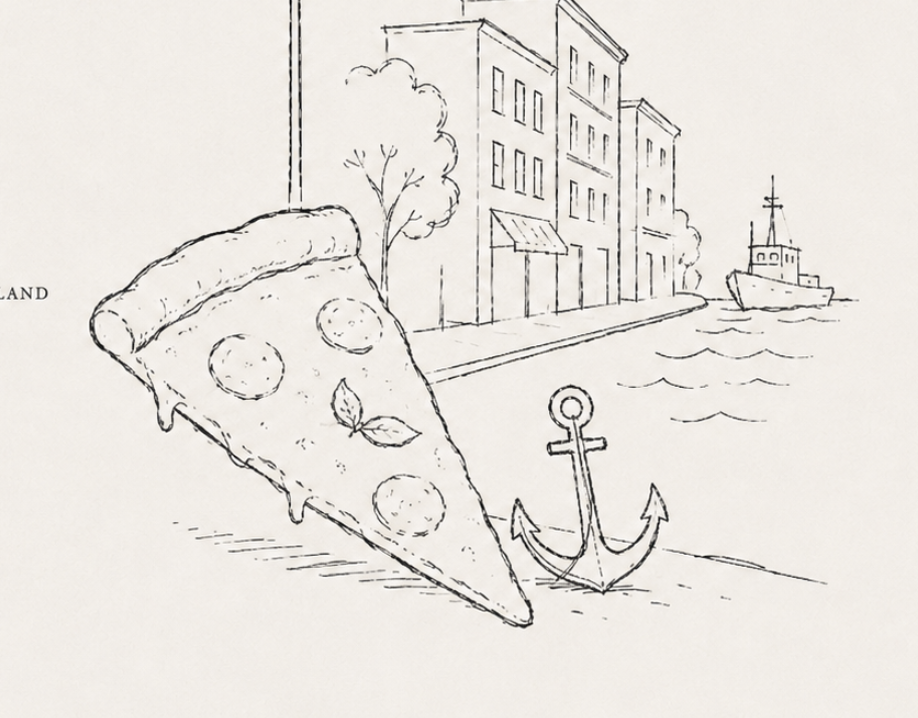 Pizza slice with anchor and waterfront