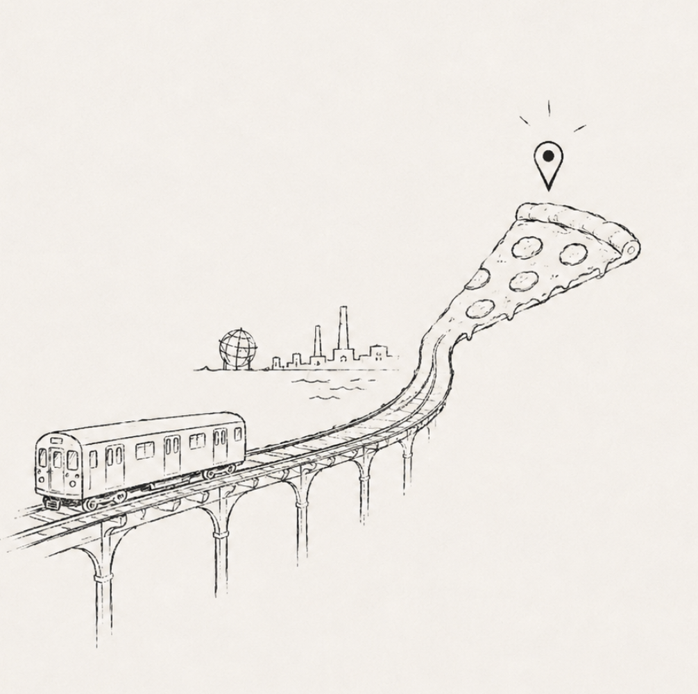 NYC subway heading toward a pizza slice